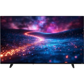 Vestel 55UG9760 Ultra HD 4K LED televizyon, renkli galaksi manzarası gösteren ince siyah ekranıyla önden görünüm
