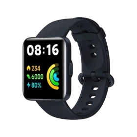 Xiaomi Redmi Watch 2 Lite siyah akıllı saat, renkli sağlık ve aktivite ekranı açık şekilde önden görünür.