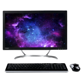 Casper Nirvana One A3H.7500.4T05T masaüstü bilgisayar, uzay temalı ekran, klavye ve fareyle birlikte