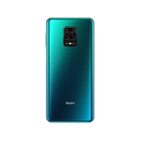 Xiaomi Redmi Note 9s yeşil akıllı telefonun arka yüzü, dörtlü kamera modülü ve Redmi logosu görünüyor