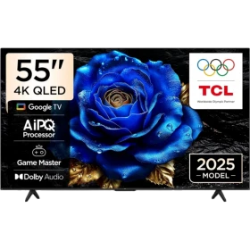 TCL 55T61C Ultra HD 4K LED televizyon; mavi gül ve özellik ikonlarıyla 55 inç vitrin görseli