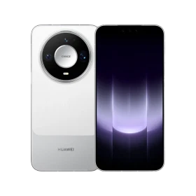 Huawei Mate 90 Pro Max gümüş telefonun ön ve arka yüzü, dairesel kameralı tasarımıyla birlikte gösteriliyor