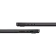 Siyah Apple MacBook Pro M3 Max 16.2 inç laptopun yan profili, bağlantı noktaları ve ince kasasıyla görünümü