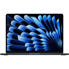 Apple MacBook Air M3 13.6 inç laptop, koyu mavi renk, açık ekranlı önden ana ürün görünümü