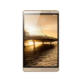 Huawei MediaPad M2 altın renkli tablet; köprü manzaralı ekranı görünen uygun fiyatlı tablet vitrin görüntüsü