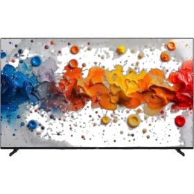 Vestel 75QG9840 Ultra HD 4K QLED televizyon, renkli soyut sanat görüntüsü ve ince siyah çerçevesiyle
