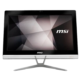 MSI PRO 20EX 7M-010XTR masaüstü bilgisayar, siyah ekranı ve gümüş standıyla önden görünüm