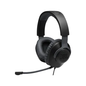 JBL Quantum 100 Kablolu siyah kulaklık, yastıklı kulaklıkları ve mikrofonuyla önden görünüm