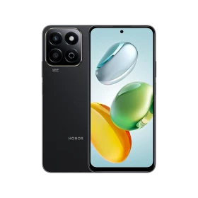 Honor Play 60 Plus siyah akıllı telefon, ön ekran ve arka kamera modülüyle vitrinde önden görünüm