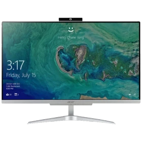 Acer Aspire C24-865 masaüstü bilgisayar, geniş ekranı ve gümüş ayak tasarımıyla önden görünüm