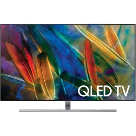 Samsung 75Q7F 75 inç Ultra HD 4K QLED TV, renkli dinamik arka planlı ekranıyla vitrin görünümü