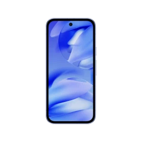 Mor Google Pixel 9a akıllı telefonun önden görünümü, mavi tonlu ekranıyla siyah fonda sergileniyor