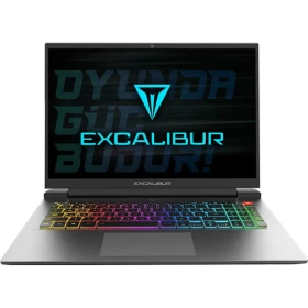 Casper Excalibur G911.1180-DF70R-C gri oyuncu laptop; renkli arka aydınlatmalı klavye ve Excalibur ekranı görünüyor