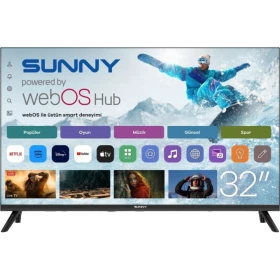 Sunny SN32HMLN-W02S HD Ready HD TV, siyah çerçeveli 32 inç televizyon ve webOS Hub arayüzü