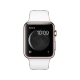 Apple Watch Edition 42 mm pembe altın kasa ve beyaz spor kordonlu akıllı saat, siyah ekranıyla önden görünüm