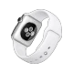 Apple Watch 38 mm paslanmaz çelik kasalı, beyaz spor kordonlu akıllı saat, eğik açıdan görünüm