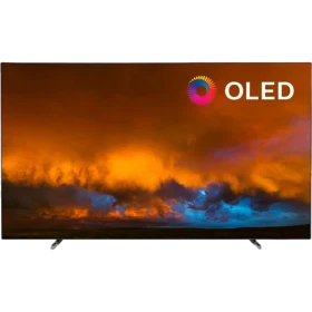 Philips 55OLED804 Ultra HD 4K OLED televizyon, genel siyah tasarım ve parlak renkli ekran görünümlü vitrinde