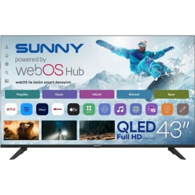 Sunny SN43QFMLN-W02S Full HD FHD TV, siyah çerçeveli televizyon ve webOS akıllı TV arayüzü