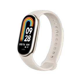 Xiaomi Smart Band 8 beyaz akıllı bileklik, renkli ekranı ve ayarlanabilir silikon kayışıyla önden görünüm