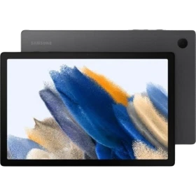 Samsung Galaxy Tab A8 LTE 4G koyu gri tablet, önde ekran açık görünüyor ve renkli arka plan gösteriliyor