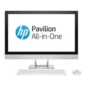 HP 27-r001nt 2PT65EA Pavilion All-in-One masaüstü bilgisayar, siyah ekran ve ince standıyla önden görünür
