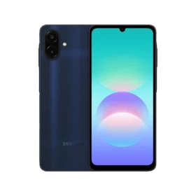 Samsung Galaxy A08 lacivert telefonun ön ve arka tasarımını gösteren vitrin görünümü