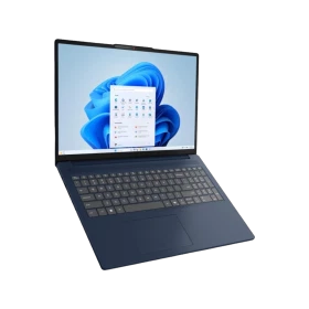 Mavi Lenovo IdeaPad Slim 3 83K20009TR iş ve ofis laptopu, açık ekranda önden açılı görünüm