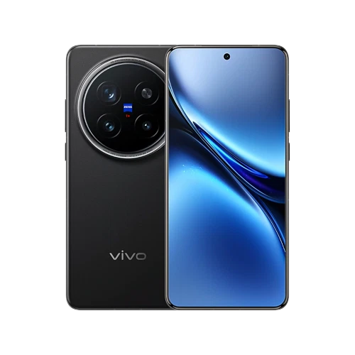 Vivo X200 Pro siyah akıllı telefon, önden ekran ve arkadan büyük dairesel kamera modülüyle vitrin görünümü