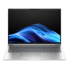 HP ProBook 4 G1i 16 AI D21P2ET gümüş ultrabook laptop; canlı mavi dalga arayüzlü ekran ön görünüm