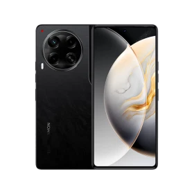 Tecno Camon 30 siyah akıllı telefon, ön ekran ve arka çoklu kamera tasarımıyla vitrin görünümü