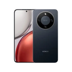 Honor X9D siyah akıllı telefon, ön ekran ve dairesel arka kamera modülüyle vitrin görünümü