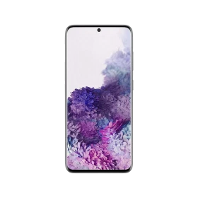 Gri Samsung Galaxy S20 akıllı telefonun önden görünümü, çerçevesiz ekran ve delikli ön kamera detaylı