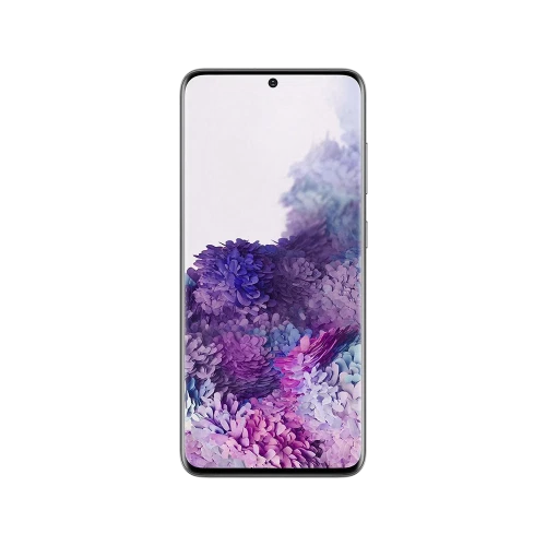 Gri Samsung Galaxy S20 akıllı telefonun önden görünümü, çerçevesiz ekran ve delikli ön kamera detaylı