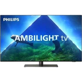 Philips 48OLED848 Ultra HD 4K OLED televizyon; canlı mavi “Ambilight TV” ekranı, genel siyah tasarım