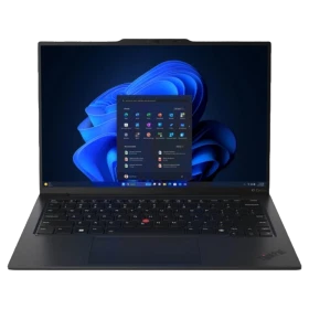 Lenovo ThinkPad X1 Carbon 13 21NS004MTX siyah ultrabook laptop, önden açık görünüm ve Windows ekranı