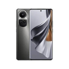 Oppo Reno 10 Pro gri akıllı telefon, ön ekran ve arka kamera modülüyle vitrin görünümü