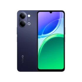 Vivo Y05 siyah akıllı telefonun önden ekranı ve arkadan çift kameralı tasarımını gösteren ana ürün görünümü
