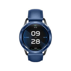 Mavi kordonlu Xiaomi Watch S3 eSIM akıllı saat, yuvarlak ekranda dijital saat ve sağlık göstergeleriyle