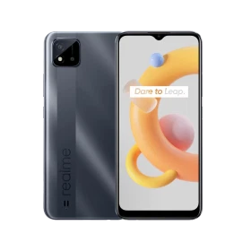 Realme C11 2021 gri akıllı telefonun ön ekranı ve arka yüzü, çift kamera tasarımıyla vitrin görünümü