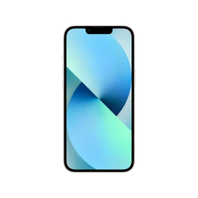 Beyaz Apple iPhone 13 akıllı telefon, önden görünüm; çentikli ekran ve mavi-yeşil duvar kâğıdı ile