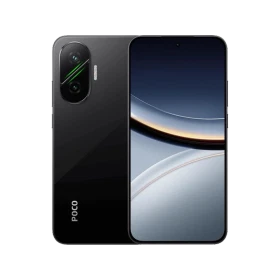 Siyah Poco F7 akıllı telefon, ön ekranı açık ve arka yüzünde çift kamera modülüyle yan yana sergileniyor