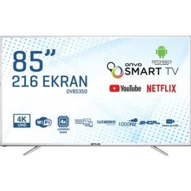 Onvo OV85350 Ultra HD 4K 85 inç LED televizyon, Android Smart TV özellikleri ve ayaklı tasarımıyla önden görünüm