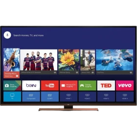 Beko B49L 9782 5AS Ultra HD 4K TV, ana ekranı ve uygulama menüsü açık siyah televizyon