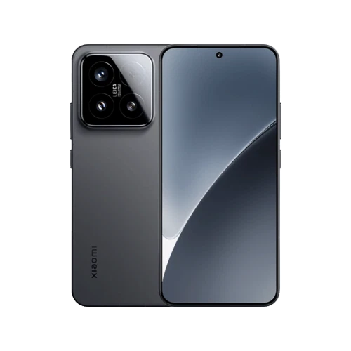 Xiaomi 15 siyah akıllı telefonun ön ve arka görünümü, geniş ekran ve çoklu kamera modülüyle sergileniyor