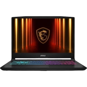 MSI Katana 15 HX B14WGK-068XTR FR49 siyah oyuncu laptop, RGB klavye ve kalkan temalı ekranla.