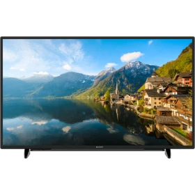 Arçelik A43L 8740 5B Ultra HD 4K LED televizyon, siyah çerçeveli ekranında dağ ve göl manzarası