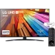LG 43UT81006LA Ultra HD 4K LED televizyon; çok renkli ekran görüntüsü ve kumanda ile birlikte sergilenir