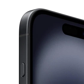 Siyah Apple iPhone 16 akıllı telefonun yan çerçevesi ve ekran köşesini gösteren yakın plan detay