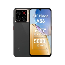 Siyah ZTE Blade A56 akıllı telefon, ön ekranı ve çoklu arka kamera tasarımıyla önden ve arkadan görünüm
