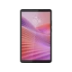 Lenovo Tab One TB305FU gri uygun fiyatlı tablet, ön ekranında renkli dalga tasarım ve saat bilgisi görünüyor